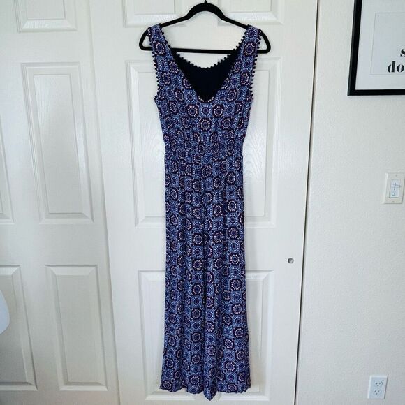 Boden Elisa Pompom Trim Jumpsuit Bold Blue Sun Tile Medallion Print Size 8 - Picture 7 of 15